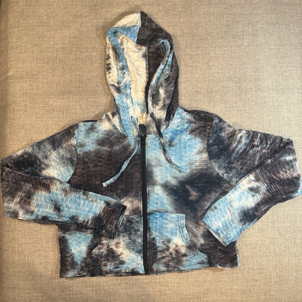 No Comment NY LA TieDye Zip Hoodie Womens XL BlueBlack TexturedWaffle Jacket NWT
